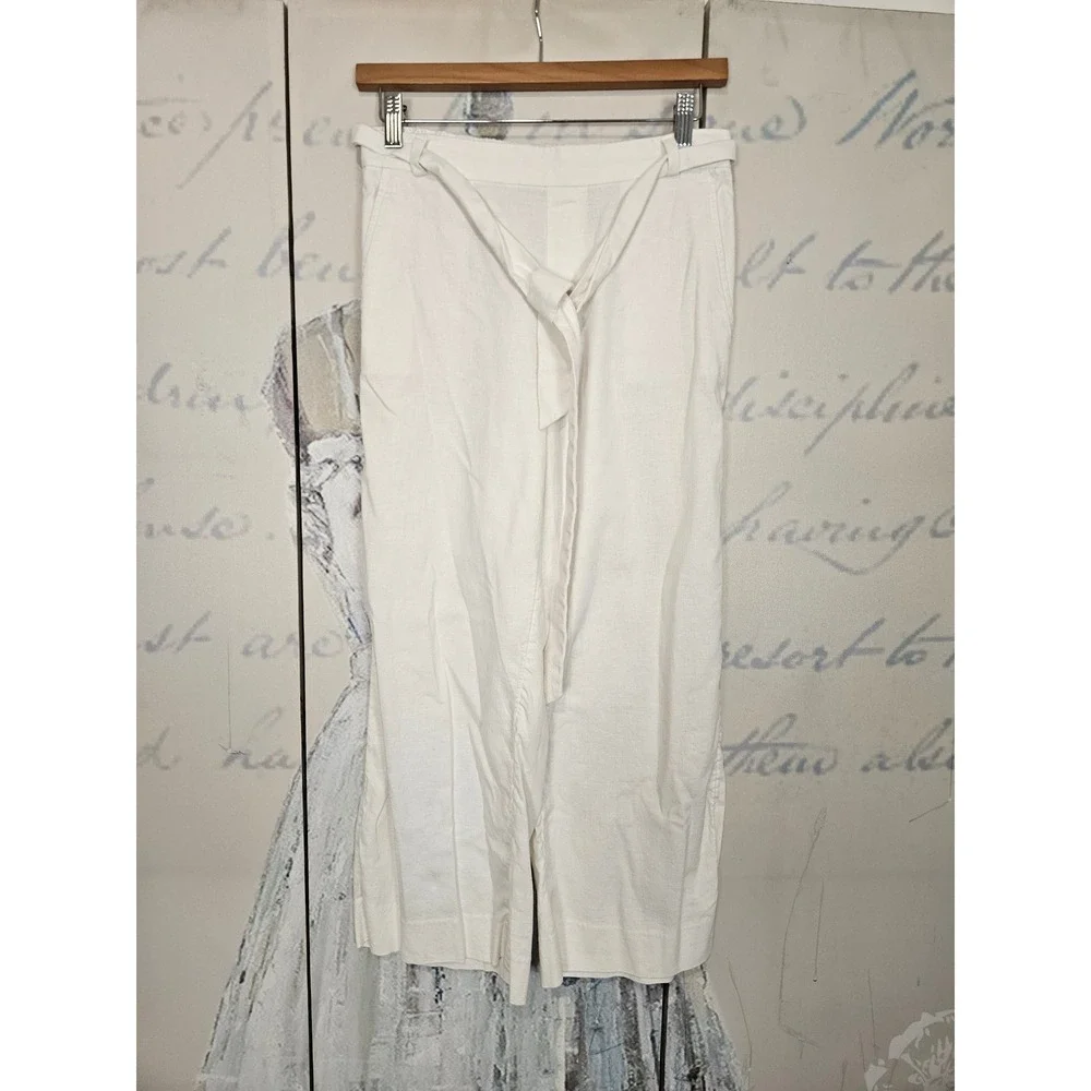 Banana Republic Rowan Wide Leg Pants 2 White Linen Blend Tie Waist High Rise